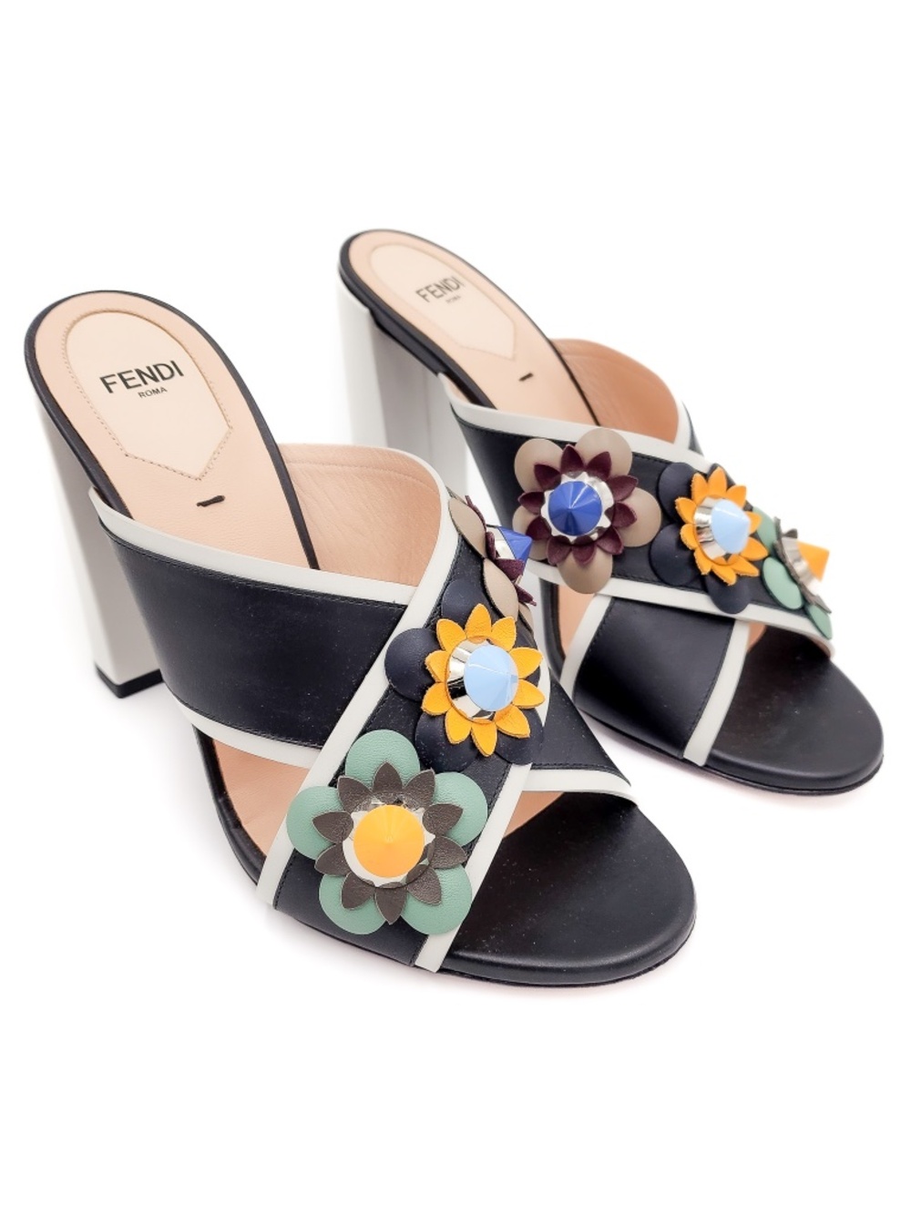 FENDI Flowerland Black White Nappa Leather Slip-On Heels Mules EU 38